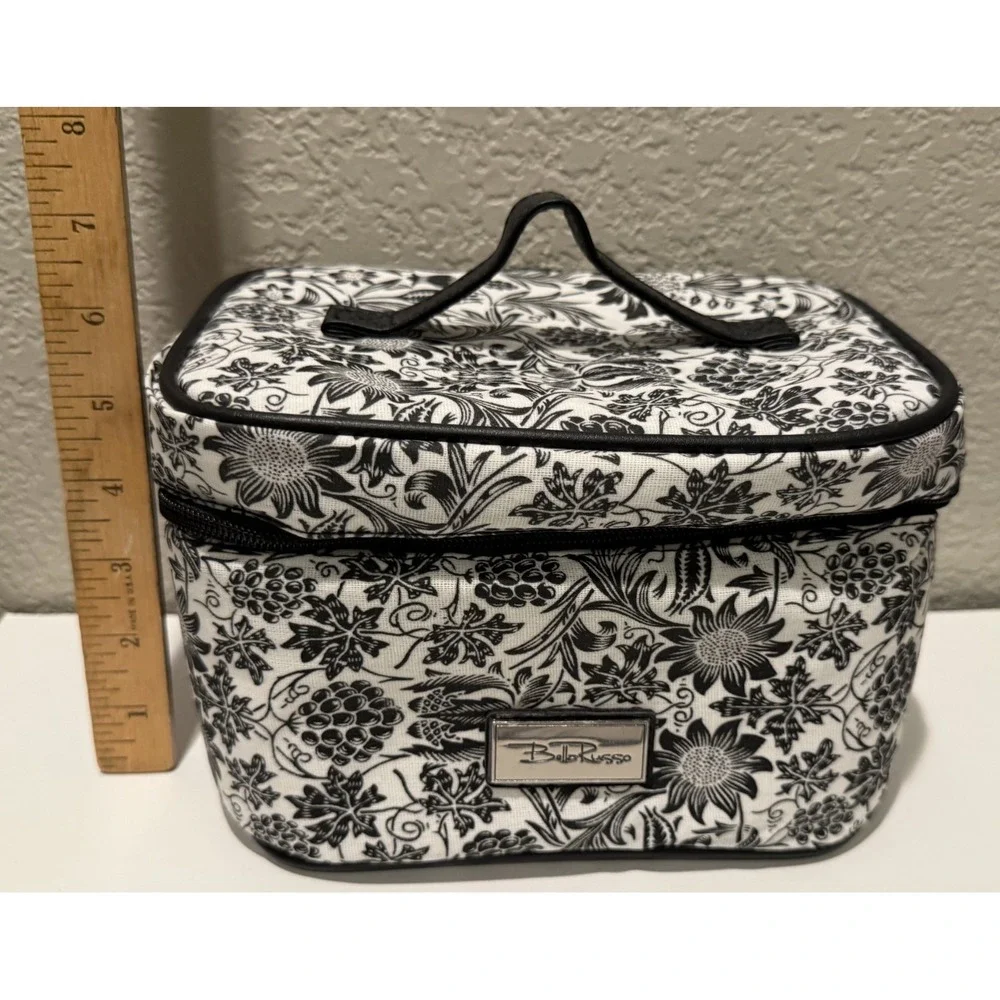 Bella Russo Makeup Bag  Black White Floral Design Zipper Closure Handle Charms